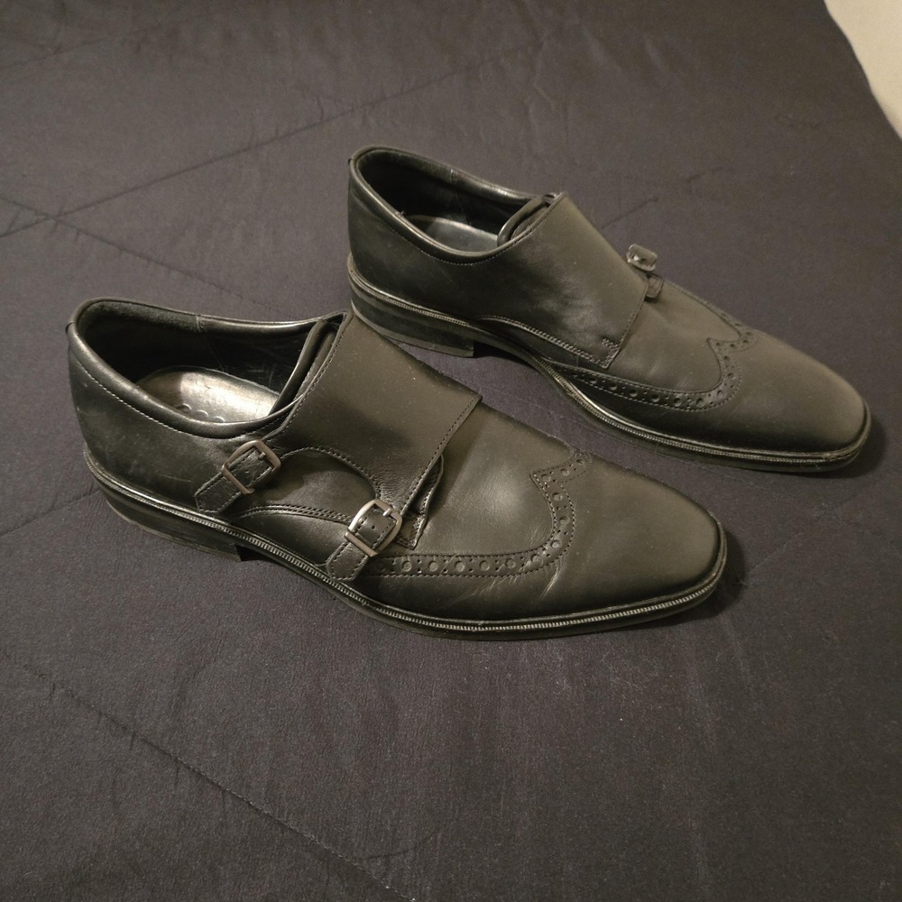 ECCO Shoes Mens Size 12 Black Leather Monk Strap Wingtip Dress Shoes Comfort